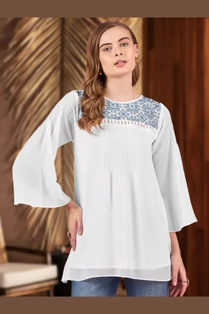 DressBerry Women Bell Sleeve Embroidered Lace Up Longline Top