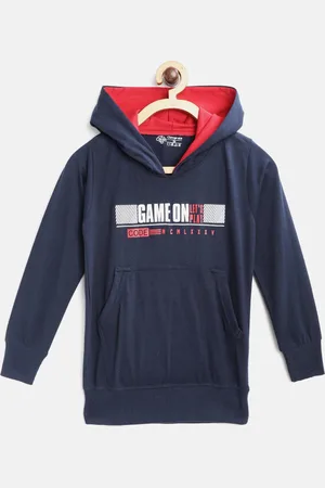 Chimprala Kids Navy Blue & White Typography Printed Antimicrobial Hooded Sweatshirt