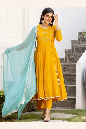 Ambraee Women Mustard Yellow Embroidered Angrakha Kurta with Trousers & Dupatta