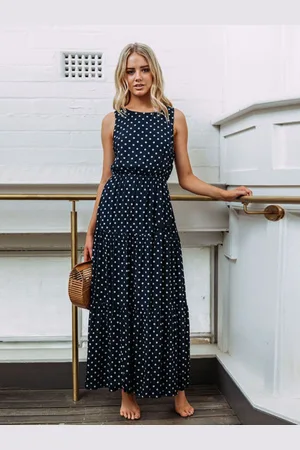 DressBerry Navy Blue Polka Dot Printed Round Neck Fit And Flare Maxi Dress