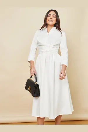 Styli Shirt Collar Tie Up Fit & Flare Midi Dress