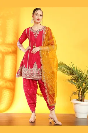 Chhabra 555 Floral Embroidered Seetheart Neck A-Line Kurta With Dhoti Pant And Dupatta