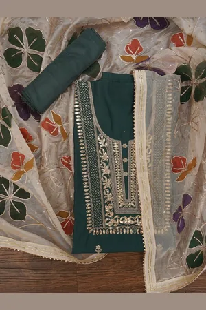 Jaipur Handpainted Embroidered Pure Silk Dress Material with Dupatta