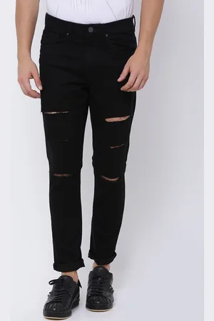 LocoMotive Men Black Tapered Fit Mid-Rise Slash Knee Jeans