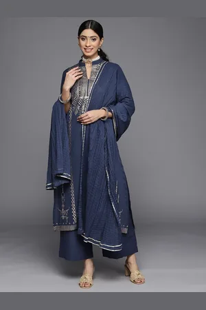 Biba Women Navy Blue & Golden Printed Pure Cotton Kurta with Palazzos & Dupatta