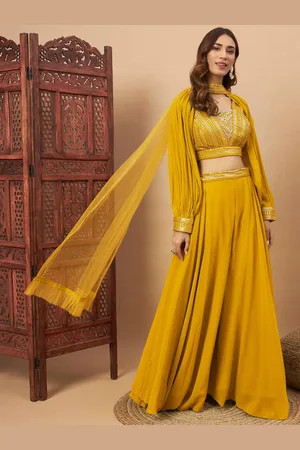 Chhabra 555 Embroidered Sequinned V-Neck Crop Top With Palazzos And Dupatta