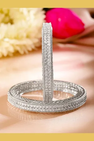 Rubans Set of 2 Rhodium Plated White Cubic Zirconia Studded Luxe Bangles
