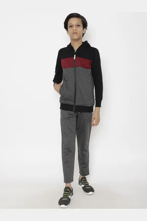 Chimprala Boys Grey & Black Colourblocked Cotton Hooded Tracksuit