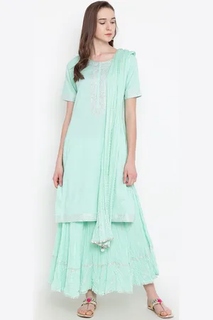 Biba Women Sea Green Solid Kurta with Skirt & Dupatta