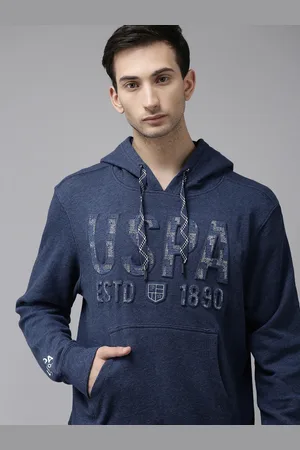 Ralph Lauren U S Polo Assn Denim Co Men Navy Blue Embossed Hooded Sweatshirt