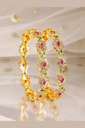 Rubans Set of 2, 22K Gold-Plated Ruby Pink & Emerald Green Stone Handcrafted Bangles