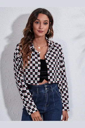 DressBerry Checked Cutaway Collar Crop Casual Shirt