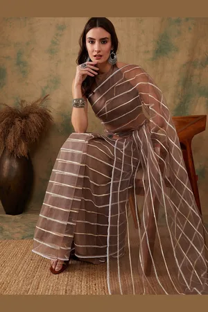 Sangria Women Sequins and Thread Embroidered Stripes Saree with Blouse Piece