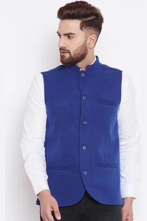 Even Men Solid Blue Corduroy Nehru Jacket