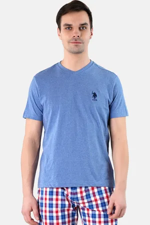 U.S. Polo Assn. Men Blue Solid Pure Cotton V-Neck Lounge T-shirt