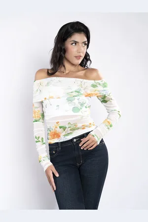 Stylecast Ruched Floral Print Off-Shoulder Bardot Mesh Top