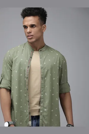 Roadster The Lifestyle Co Men Green Printed Band Collar Casual Shirt