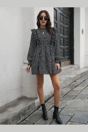 DressBerry Floral Print Round Neck Puff Sleeves Mini Fit & Flare Dress