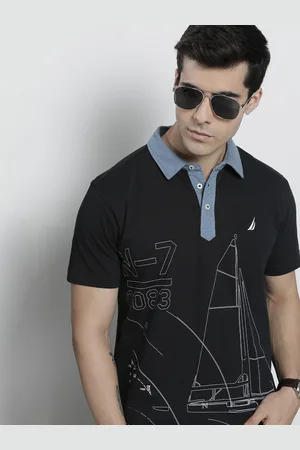 Nautica Men Black Printed Polo Collar Slim Fit Pure Cotton T-shirt