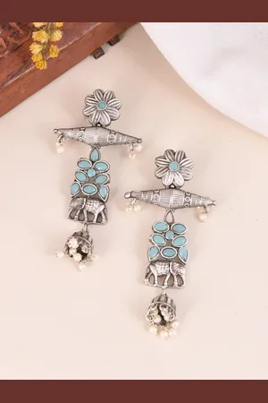 Dastoor Gold Plated Contemporary Oxidised Drop Earrings