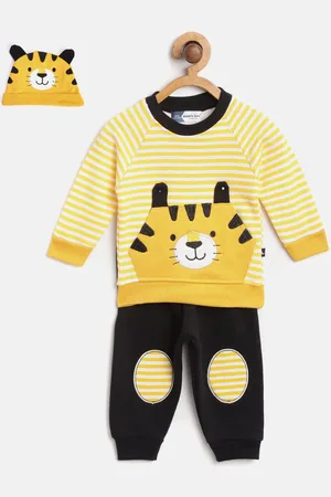 Moms Love Boys Yellow & Black Pure Cotton Striped Sweatshirt with Joggers & Beanie