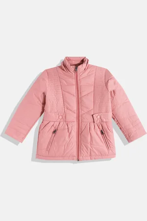 White Snow Girls Peach-Coloured Solid Padded Jacket with Smocked Detail