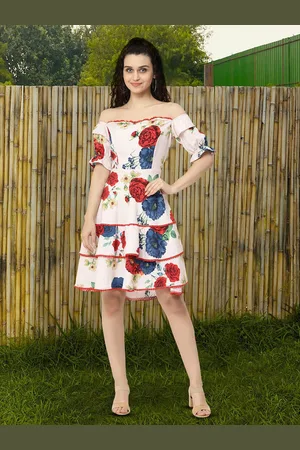 Moda Rapido Floral Print Off-Shoulder Applique Fit & Flare Dress