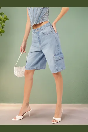 DressBerry Women Utility Weave Washed Cargo Style Skater Fit Denim Shorts