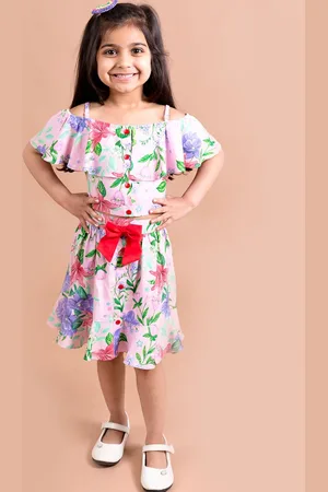 pspeaches Girls Pink & Blue Printed Top with Skirt