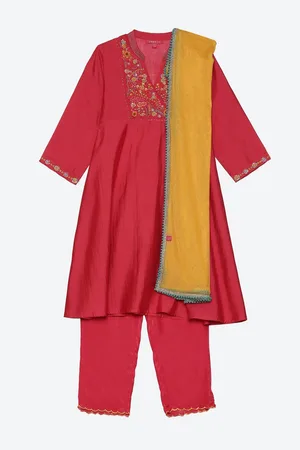 Biba Girls Pink & Green Ethnic Yoke Design Angrakha Kurta with Trousers & With Dupatta