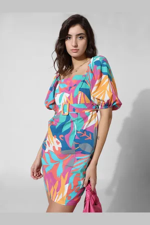 ONLY Tropical Printed Square Neck Puff Sleeves Belted Sheath Midi Dress