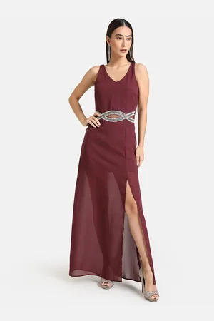 Kazo Maroon Embellished Maxi Maxi Dress
