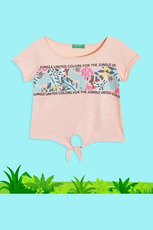 Benetton Girls Peach-Coloured & Blue Brand Logo Print Pure Cotton Top