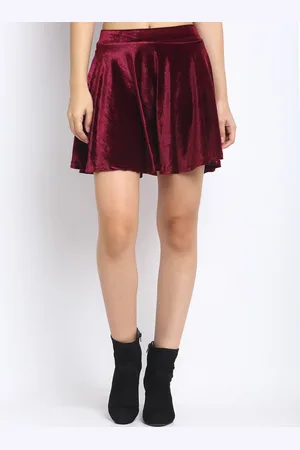 NEUDIS Women Maroon Solid Flared Mini Skater Skirt