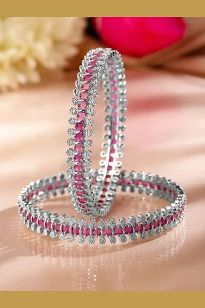 Rubans Set of 2 Rhodium Plated Ruby Pink & White Cubic Zirconia Studded Luxe Bangles