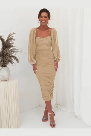 Stylecast Beige Square Neck Puff Sleeves Ruched Bodycon Dress
