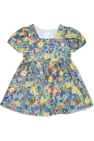 BAESD Girls Floral Print Square Neck Puff Sleeves Cotton Fit & Flare Dress