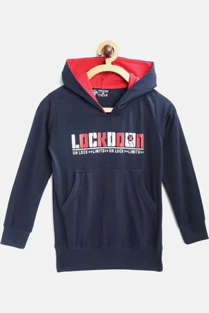 Chimprala Kids Navy Blue & White Typography Printed Antimicrobial Hooded Sweatshirt