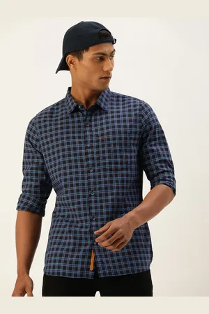 SINGLE Men Navy Blue Checked Slim Fit Pure Cotton Casual Shirt