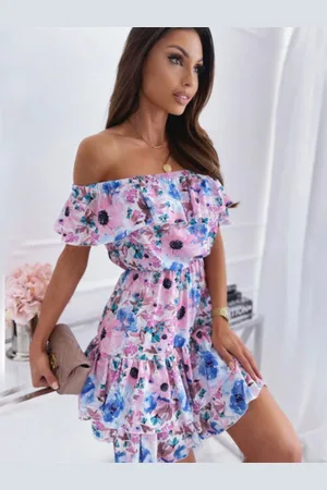 DressBerry Pink Floral Printed Off-Shoulder Flutter Sleeves Fit & Flare Dress