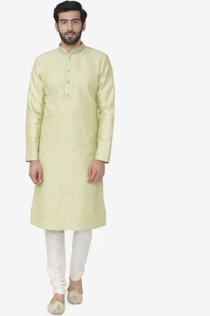 MANU Men Green & White Self Design Kurta with Churidar