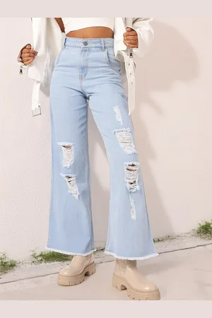 DressBerry Women Edgy Grunge Wide Leg Highly Distressed Ripped High Rise Jeans