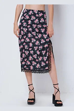 COVER STORY Black Floral Printed Straight Midi Skirts