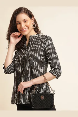 DressBerry Women Abstract Printed Mandarin Collar Roll-Up Sleeves A-Line Top