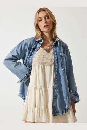 Happiness istanbul Women Striped Longline Denim Jacket with Embroidered