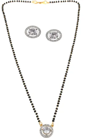 Jewar Mandi Silver Gold-Plated CZ-Studded & Beaded Mangalsutra with Earrings