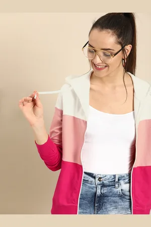 DressBerry Women Pink & Off-White Colourblocked Hooded Sweatshirt