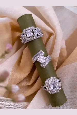 ATIBELLE Set of 3 Silver-Plated Cubic Zirconia Studded Finger Rings