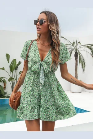 DressBerry Floral Printed V Neck Short Sleeves Mini Fit & Flare Dress