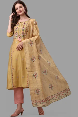Berrylicious Women Yellow Floral Embroidered Thread Work Chanderi Cotton Kurta with Trousers & With Dupatta